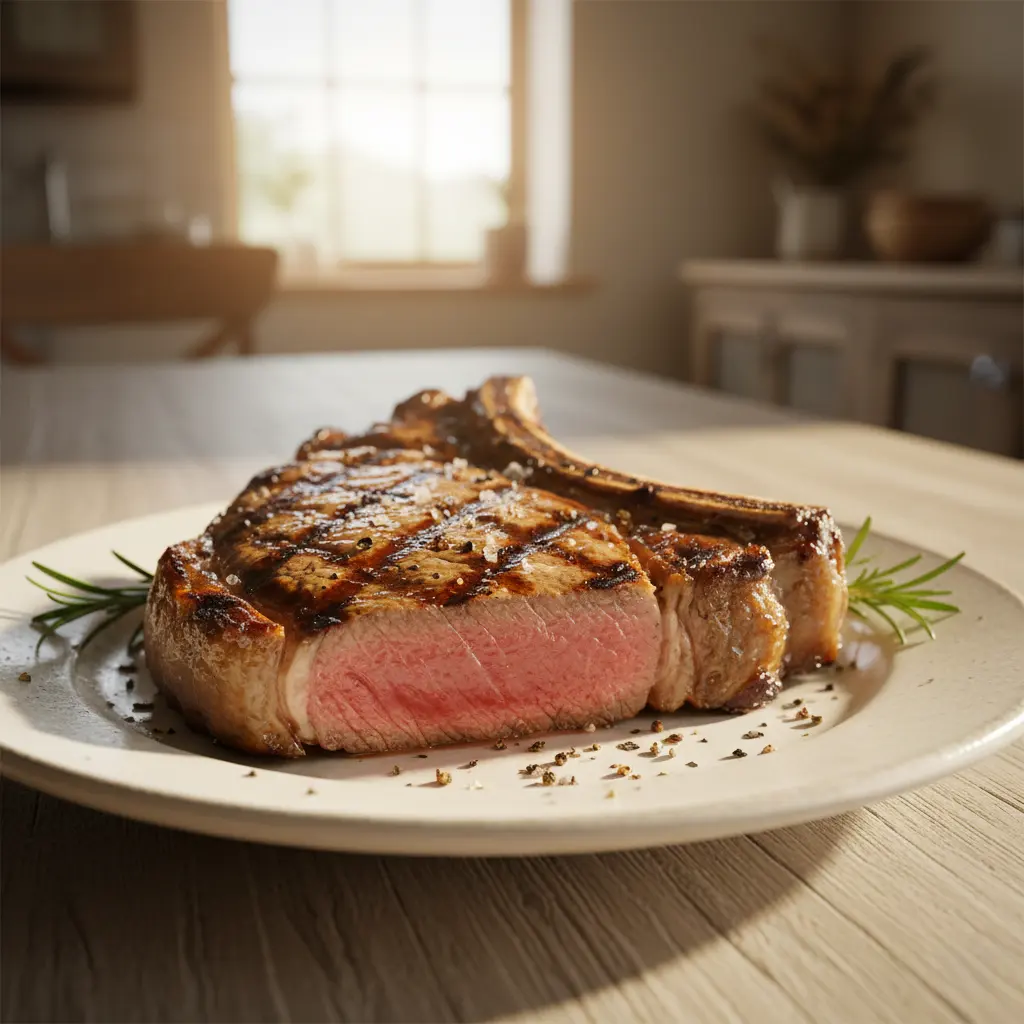 Costeleta de novilho suculenta grelhada na brasa em prato tradicional — Rosa Dos Leitões Quarteira