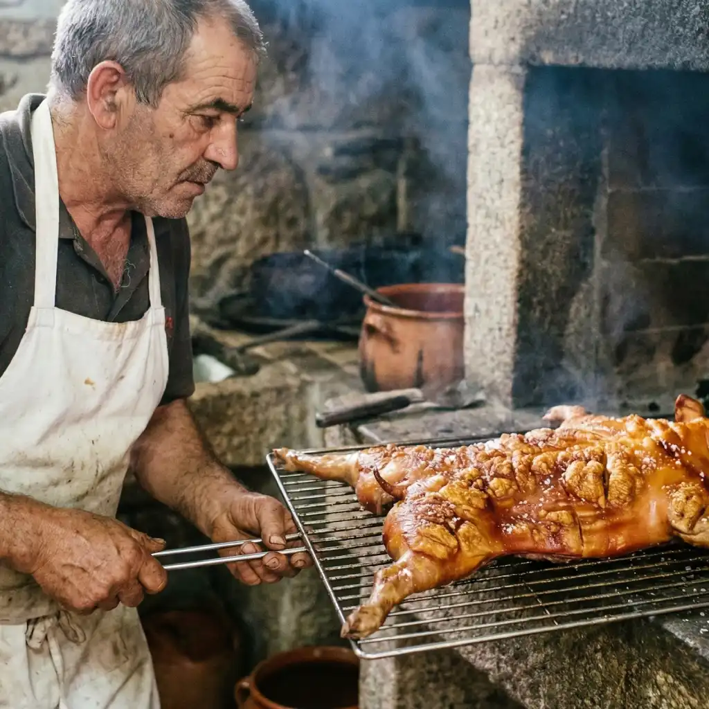 Mestre assador a colocar o tradicional Leitão de Negrais aberto no forno a lenha no Rosa dos Leitões Quarteira