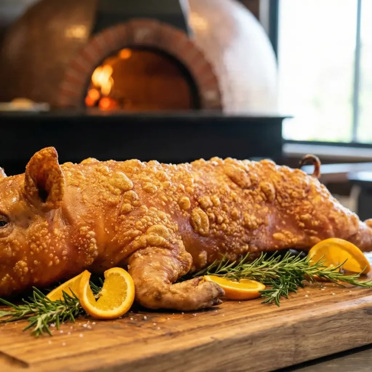 Leitão à Bairrada inteiro com pele dourada e estaladiça sobre tábua de madeira rústica, fundo desfocado de forno a lenha profissional em restaurante da Rosa Dos Leitões Quarteira