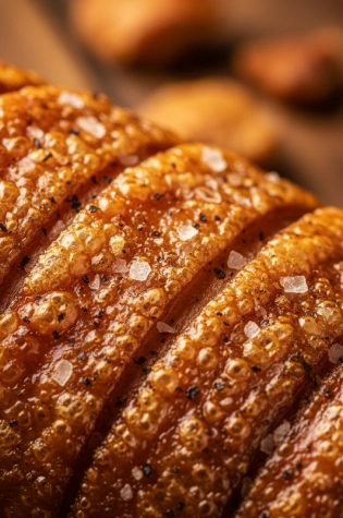 Pormenor da pele estaladiça e dourada do leitão à Bairrada — Rosa Dos Leitões Quarteira